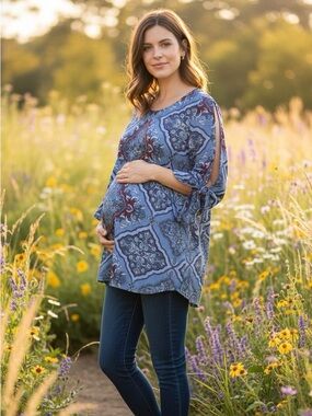 Octavia Maternity Blue Purple Boho Print Open Tie Sleeves Women's Medium